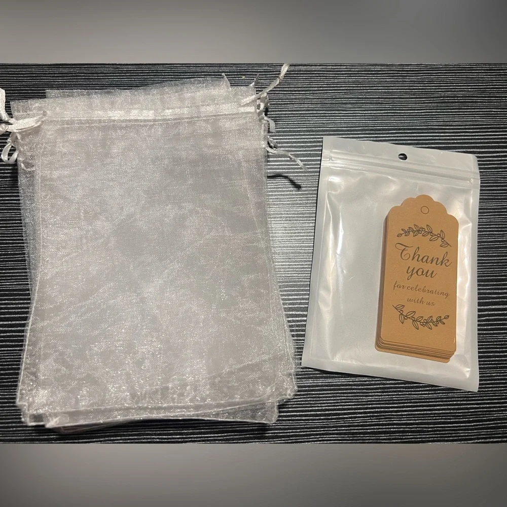 Thank You For Celebrating With Us Gift Tags + White Organza Gift Bags, 12 Each